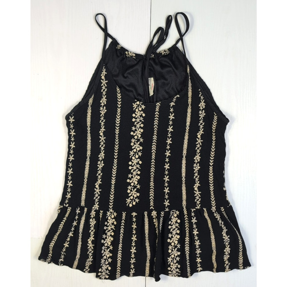Boho Black Embroidered Peplum Tank Top Women’s M Sleeveless Festival Floral - Picture 5 of 9